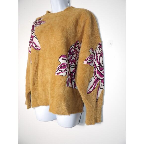 See And Be Seen Fuzzy Sweater M/L Brown Flower Abstract Artsy Pullover Soft - Picture 3 of 12